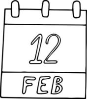 calendario dibujado a mano en estilo garabato. 12 de febrero. día de darwin, agencia internacional de matrimonios, cumpleaños de lincoln,fecha. icono, elemento adhesivo para el diseño. planificación, vacaciones de negocios vector