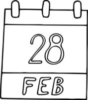 calendario dibujado a mano en estilo garabato. 28 de febrero. día, fecha. icono, elemento adhesivo para el diseño. planificación, vacaciones de negocios vector