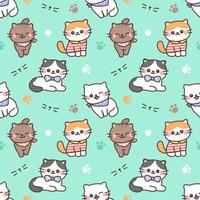 Seamless pattern of cute cartoon cat illustration design on green background. vector