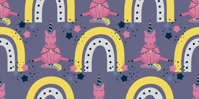 Scandinavian unicorn seamless pattern with rainbow and star. A pink horse with a horn sits on a dark background.Children's textile with a bright rainbow. vector