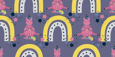 Scandinavian unicorn seamless pattern with rainbow and star. A pink horse with a horn sits on a dark background.Children's textile with a bright rainbow. vector