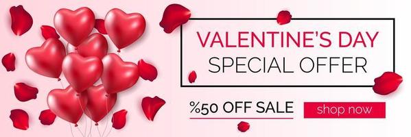 Valentine's Day special offer sale banner design. Valentines day discount shop now card. vector