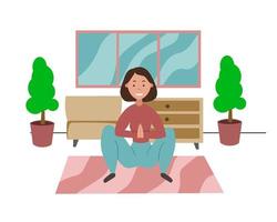 The mother meditates at home, the woman does relaxing exercises in the living room, practicing yoga. Calm parent, balance and stress relief. vector