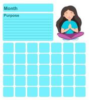 Annual wall planner for one month. Template with an illustration of a girl in the Lotus position. Vector illustration