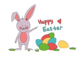 Happy Easter greeting card. A rabbit with a bunch of colorful eggs is standing in a clearing. vector