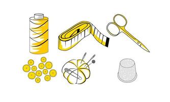 A simple set of sewing related items. Contains icons such as thread, measuring tape, scissors, buttons, thimble, and a pillow for needles. vector