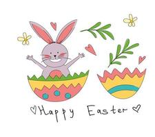 Happy Easter greeting card. The rabbit hatches from a beautiful multicolored egg. vector