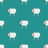 Seamless vector pattern with white sheep on a green background.