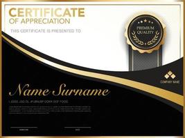 Plantilla de certificado de diploma de color negro y dorado con imagen vectorial de lujo y estilo moderno, adecuada para la apreciación. ilustración vectorial. vector