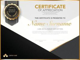 Plantilla de certificado de diploma de color negro y dorado con imagen vectorial de lujo y estilo moderno, adecuada para la apreciación. ilustración vectorial. vector