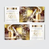 Gift voucher hydrating facial serum for annual sale or festival sale. silver and gold serum mask bottle isolated on glitter particles background. Banner graceful cosmetic ads, illustration. vector