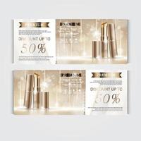 Gift voucher hydrating facial lipstick for annual sale or festival sale. brown and gold lipstick mask bottle isolated on glitter particles background. Banner graceful cosmetic ads, illustration. vector