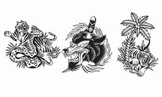 black and white tattoo tiger, snake and head wolf, logo design vector illustration