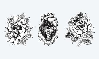 logo head panther, flower and head snake vector design black and white