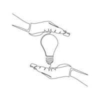 Continuous line drawing of light bulb and two palm hands as a symbol of ideas. Creative problem solving single one line art. Vector illustration