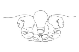 Continuous line drawing of light bulb and two palm hands as a symbol of ideas. Creative problem solving single one line art. Vector illustration