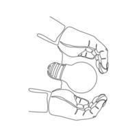 Continuous line drawing of light bulb and two palm hands as a symbol of ideas. Creative problem solving single one line art. Vector illustration