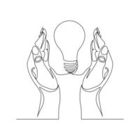 Continuous line drawing of light bulb and two palm hands as a symbol of ideas. Creative problem solving single one line art. Vector illustration