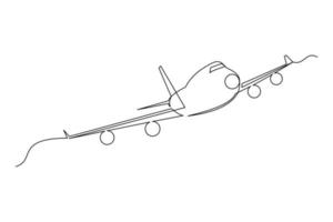 Continuous line drawing of flying airplane. Single one line art of jet plane aero modeling remote control. Vector illustration