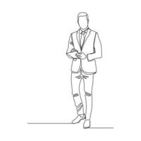 Continuous line drawing of young happy male worker standing while write business note from mentor on paper at clipboard. One single line businessman workshop concept. vector illustration