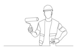 Continuous line drawing of young handyman wearing building construction uniform while holding paint roller. One single line painter wall renovation service concept. vector design illustration