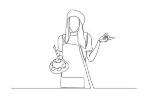 Continuous line drawing of young female painter artist. Single one line professional painter woman minimalist concept. Vector illustration
