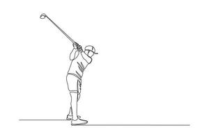 Continuous line drawing of young man playing golf. Single one line art concept of professional golfer holding stick to hit ball. Vector illustration