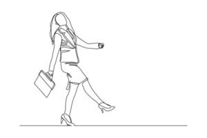 Continuous line drawing of happy young business woman holding briefcase. Single one line art of office worker. Vector illustration