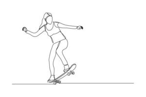 Continuous line drawing of young woman playing skateboard. Single one line art sport vector illustration theme. Person play game for exercise and hobby isolated on white background