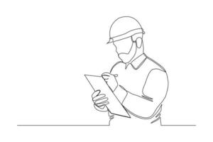 Continuous line drawing of young male architect engineer worker standing write business note on paper at clipboard wearing safety helmet. One single line businessman concept. Vector illustration