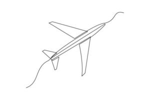 Continuous line drawing of flying airplane. Single one line art of jet plane aero modeling remote control. Vector illustration