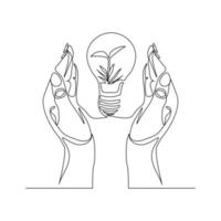 Continuous line drawing of green plant tree in light bulb and two palm hands. Creative green earth nature saving single one line art. Vector illustration