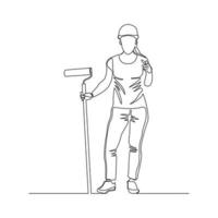 Continuous line drawing of young handy woman wearing building construction uniform while holding paint roller. One single line painter wall renovation service concept. vector design illustration