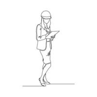 Continuous line drawing of young female architect engineer worker standing while write business note on paper at clipboard wearing safety helmet. One single line business woman workshop concept Vector