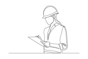 Continuous line drawing of young female architect engineer worker standing while write business note on paper at clipboard wearing safety helmet. One single line business woman workshop concept Vector