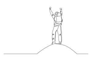 Continuous one line drawing of traveling people with backpack. Single one line art of man hiking on top of mountain. Vector illustration