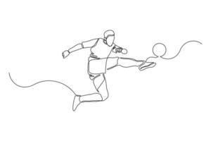 Continuous line drawing of football player kicking ball. Single one line art of young man soccer player dribbling and juggling ball. Vector illustration