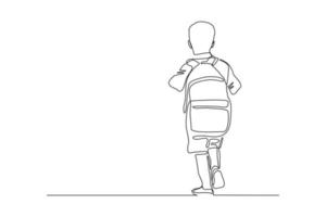 Continuous line drawing of little boy man walking on the street. Concept of student person with bag go to school. Vector illustration