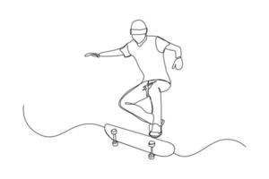 Continuous line drawing of young man playing skateboard. Single one line art sport vector illustration theme. Person play game for exercise and hobby isolated on white background