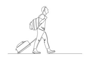 Continuous line drawing of traveler man with luggage. Single one line art concept of tourist walking with suitcase. Vector illustration