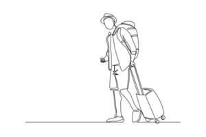 Continuous line drawing of traveler man with luggage. Single one line art concept of tourist walking with suitcase. Vector illustration