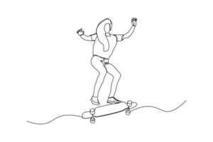 Continuous line drawing of young woman playing skateboard. Single one line art sport vector illustration theme. Person play game for exercise and hobby isolated on white background