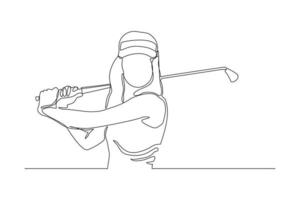 Continuous line drawing of young woman playing golf. Single one line art concept of professional golfer holding stick to hit ball. Vector illustration