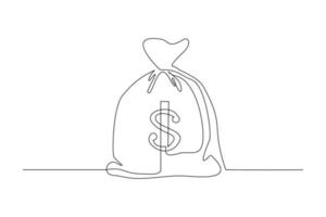 Continuous line drawing of money bag. Single one line art of finance bank money storage and investment. Vector illustration