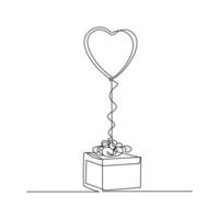 Continuous line drawing of heart shape air balloon pop up from the box. Single one line art of love gift for valentine day. Vector illustration