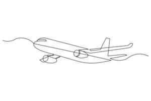 Continuous line drawing of flying airplane. Single one line art of jet plane aero modeling remote control. Vector illustration