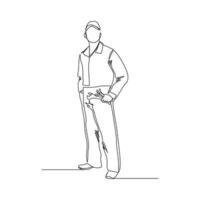 Continuous line drawing of young male mechanic pose holding set of wrench. Single one line art of man professional job profession minimalist concept. vector illustration