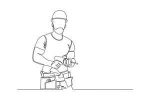 Continuous line drawing of young handyman wearing uniform while holding drill machine. Single one line art of repairman construction maintenance service concept. Vector illustration