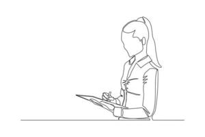 Continuous line drawing of young happy female worker standing while write business note from mentor on paper at clipboard. One single line business woman workshop concept. vector illustration