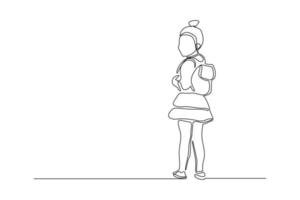 Continuous line drawing of little girl woman walking on the street. Concept of student person with bag go to school. Vector illustration